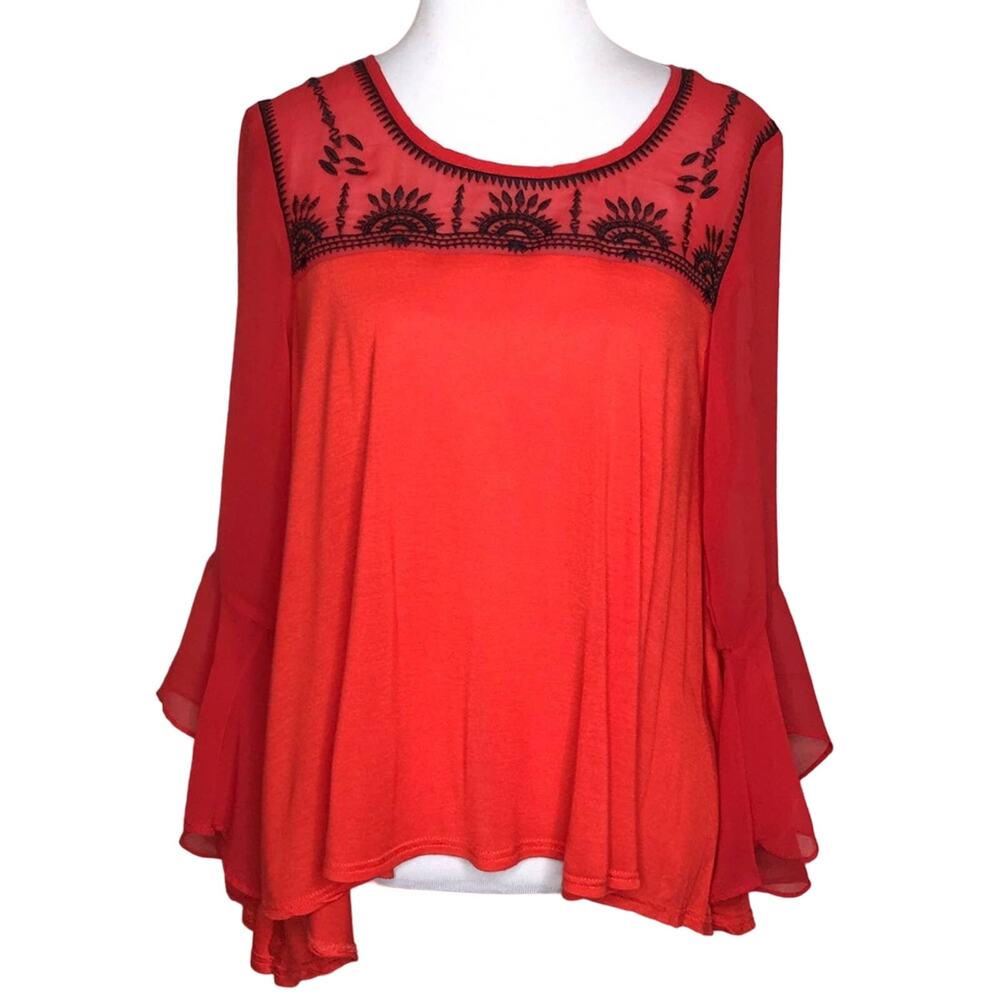 BKE Red and Black Bell Sleeve Boho Blouse Medium